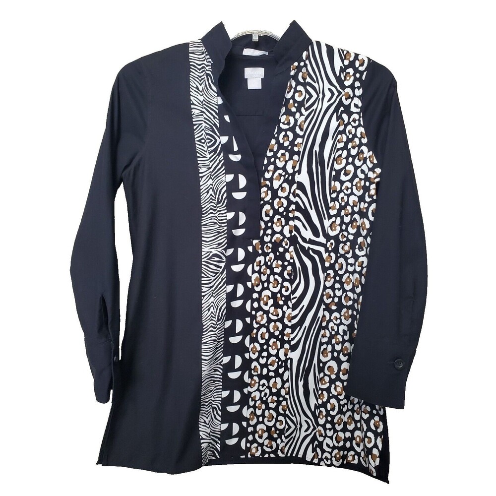 Chico's No Iron Chic Stretch Cotton Blend Retro Animal Print Popover Tunic 0 (S)
